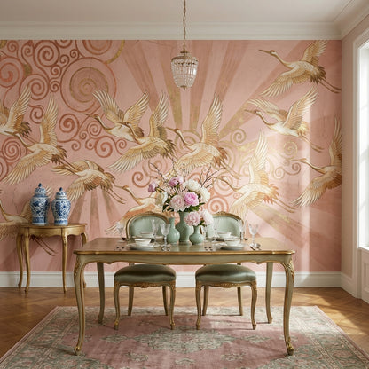 Cranes Wallpaper Vintage Abstract Wall Mural