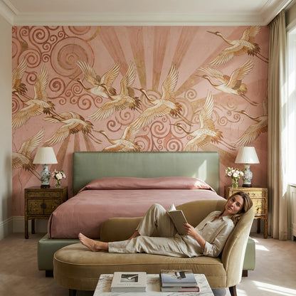 Cranes Wallpaper Vintage Abstract Wall Mural