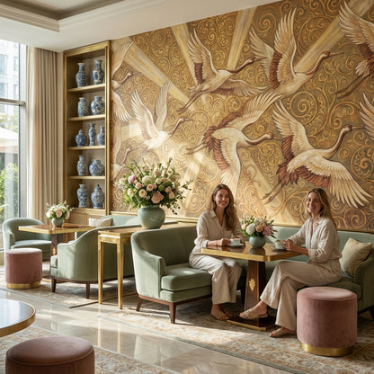 Cranes Wallpaper Golden Look  Vintage Wall Mural