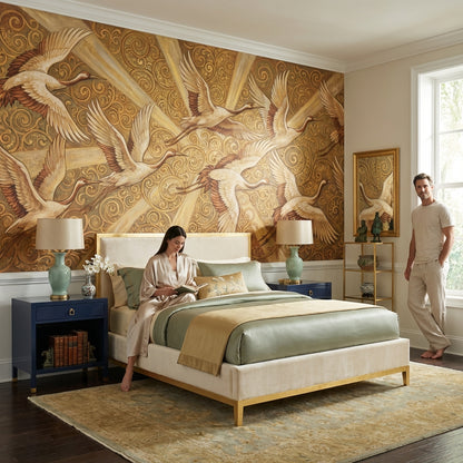 Cranes Wallpaper Golden Look  Vintage Wall Mural