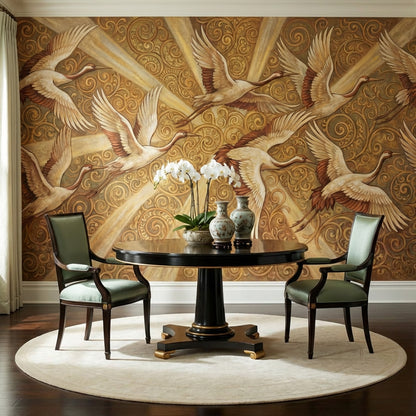 Cranes Wallpaper Golden Look  Vintage Wall Mural