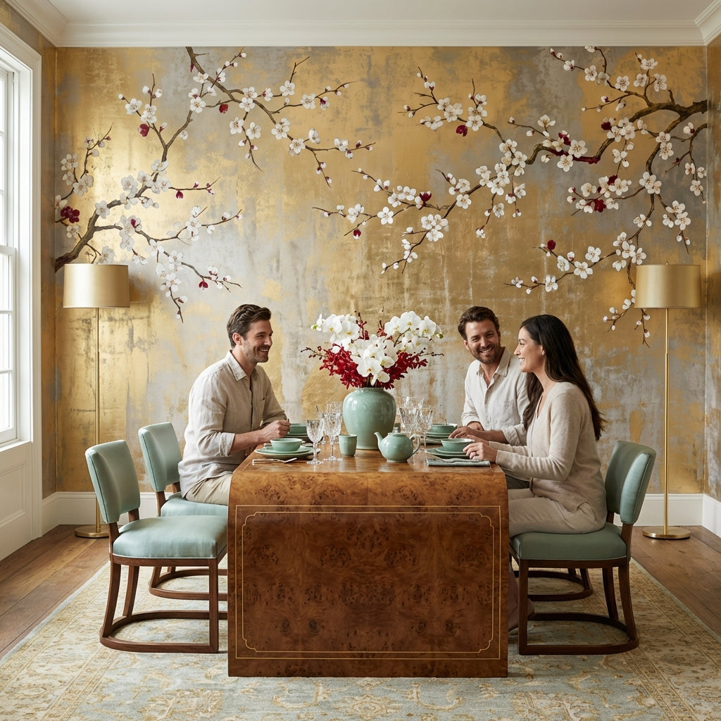 Chinoiserie Wallpaper Floral Golden Look Removable Wall Decor
