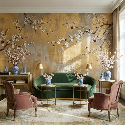 Chinoiserie Wallpaper Floral Golden Look Removable Wall Decor