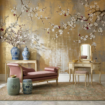 Chinoiserie Wallpaper Floral Golden Look Removable Wall Decor