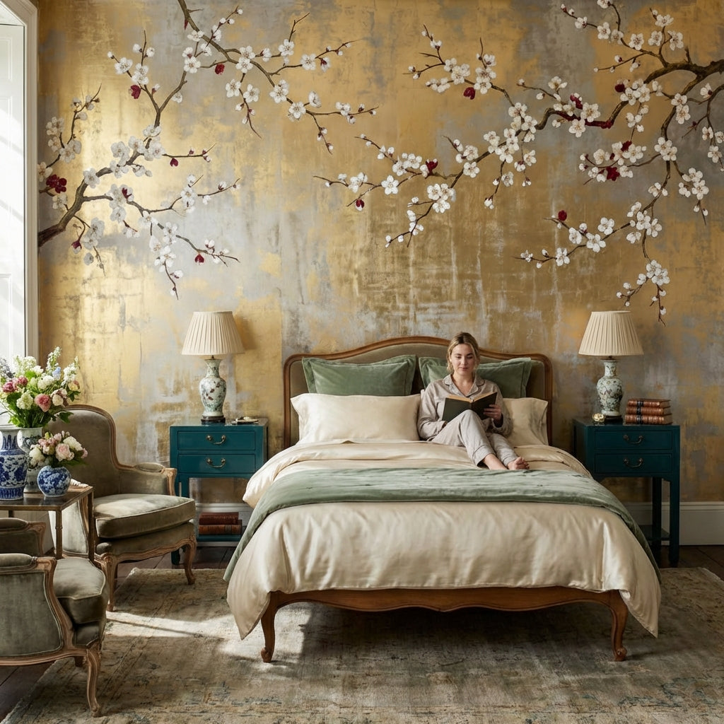 Chinoiserie Wallpaper Floral Golden Look Removable Wall Decor