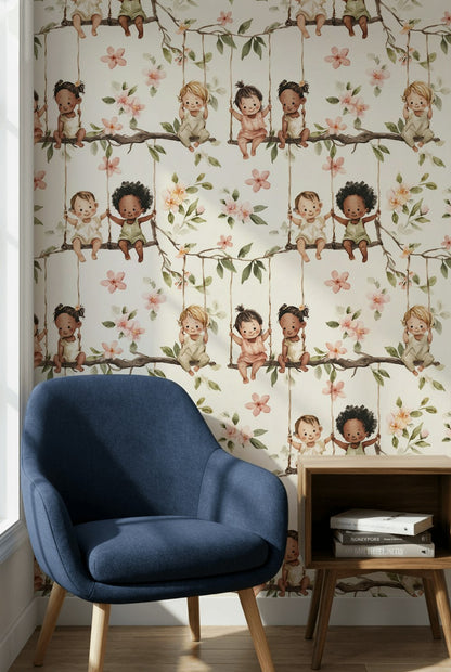 Children Floral Wallpaper Branches Playful Removable Wall Decor