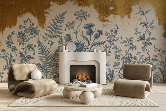 Vintage Floral Wallpaper Blue White Background Removable Wall Decor