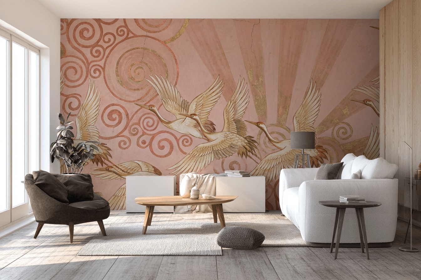 Cranes Wallpaper Vintage Abstract Wall Mural