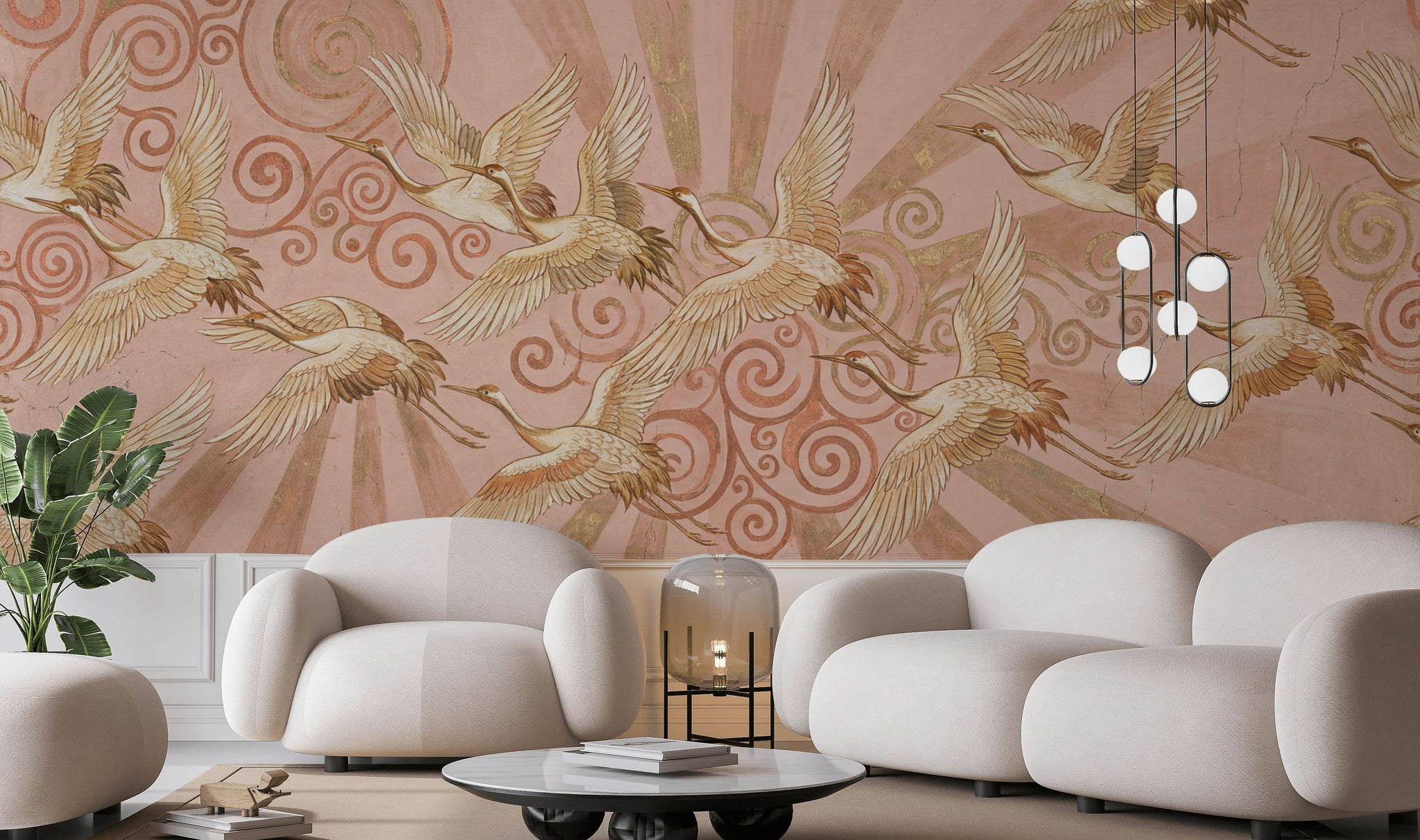 Cranes Wallpaper Vintage Abstract Wall Mural