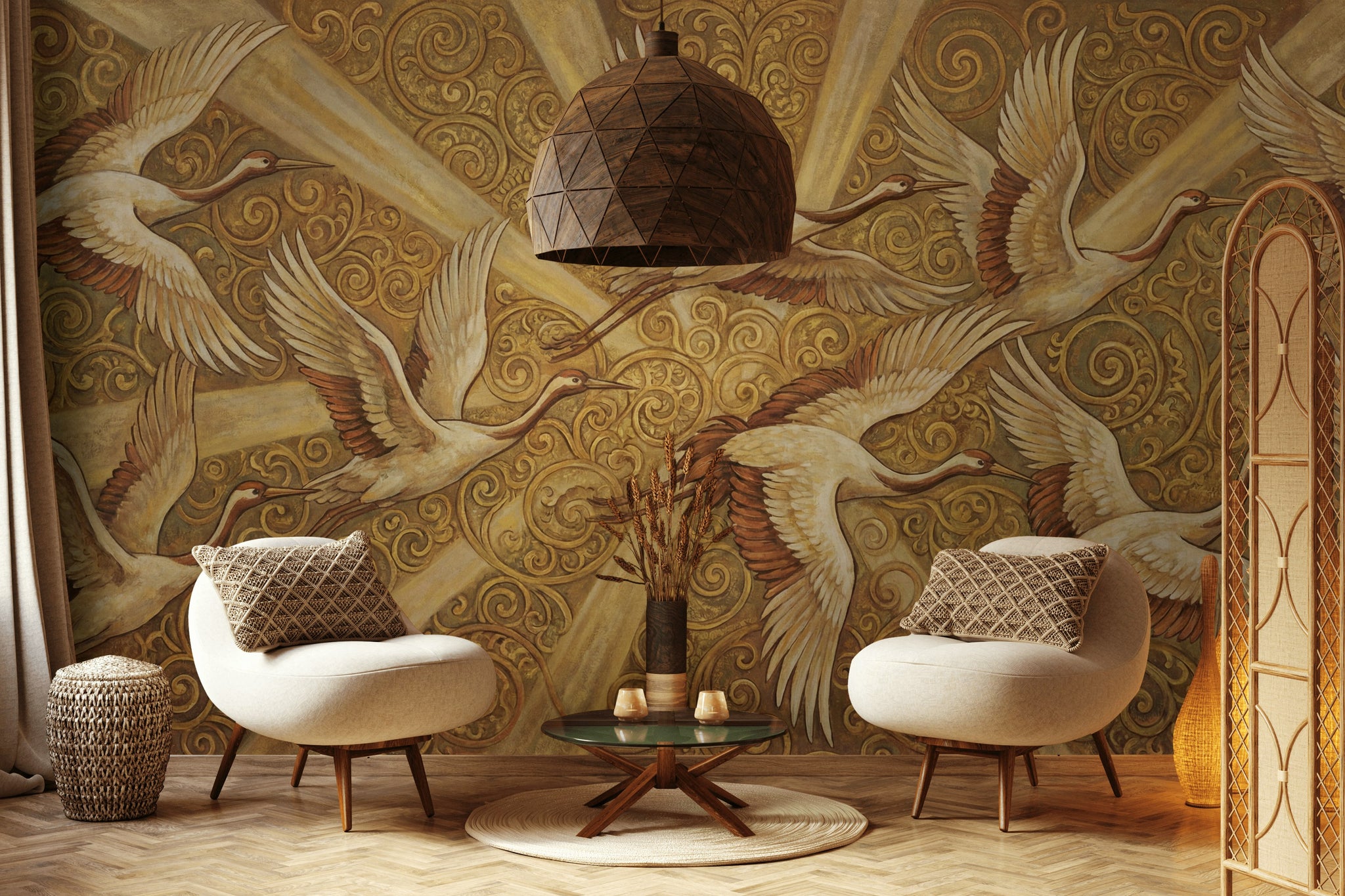 Cranes Wallpaper Golden Look  Vintage Wall Mural