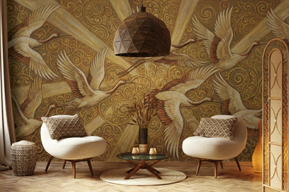 Cranes Wallpaper Golden Look  Vintage Wall Mural