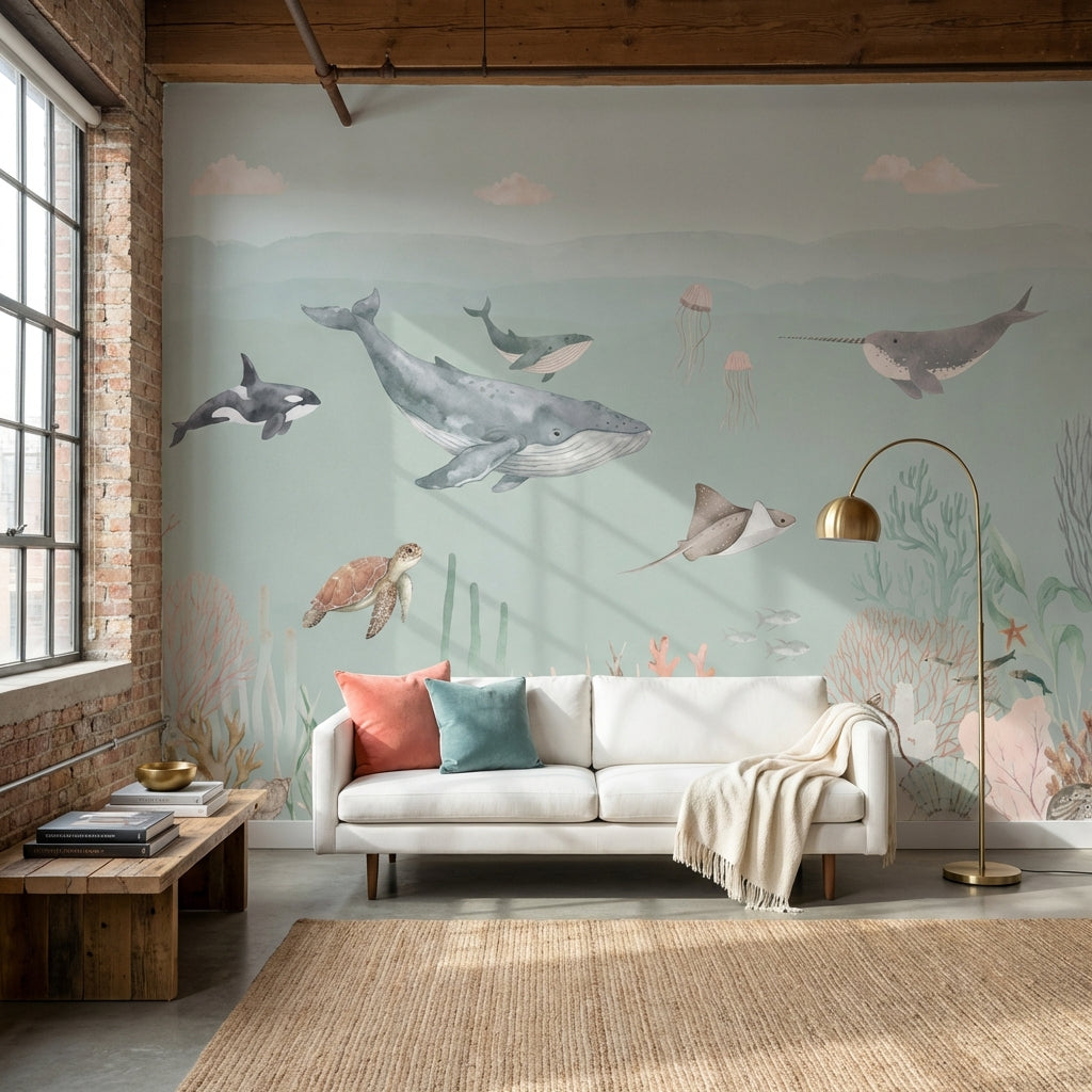 Marine Life Wallpaper Underwater Teal Wall Decor