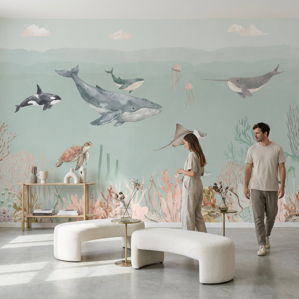 Marine Life Wallpaper Underwater Teal Wall Decor