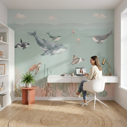Marine Life Wallpaper Underwater Teal Wall Decor