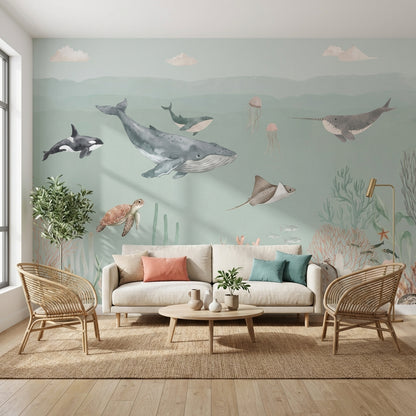 Marine Life Wallpaper Underwater Teal Wall Decor