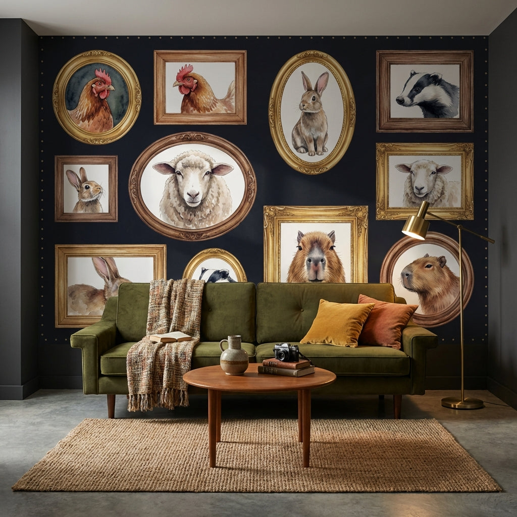 Animal Portraits Wallpaper Framed Art Dark Background Wall Mural