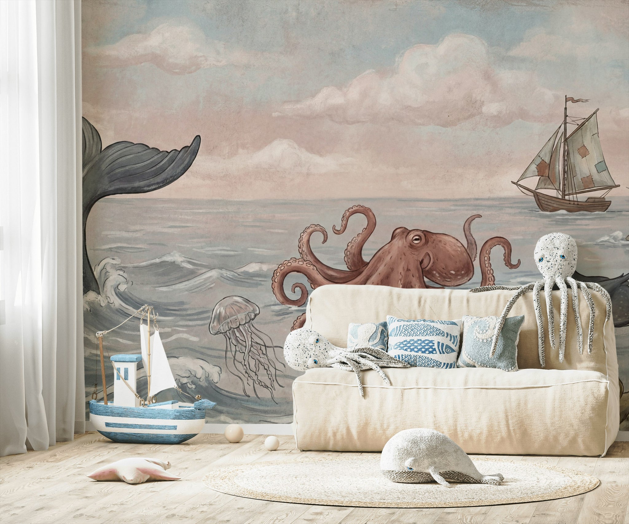Nautical Wallpaper Whimsical Marine Life Wall Decor