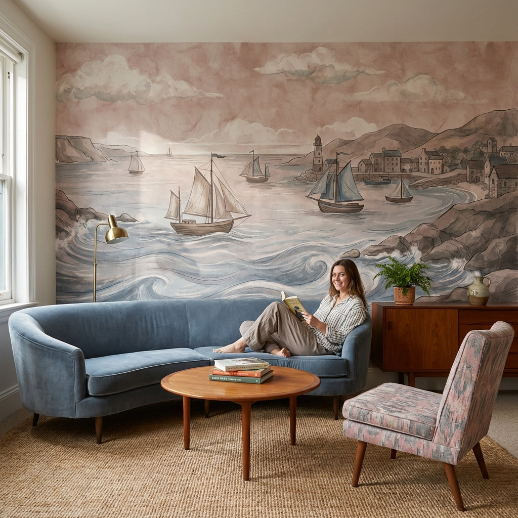 Coastal Sailboats Wallpaper Vintage Lighthouse Wall Mural