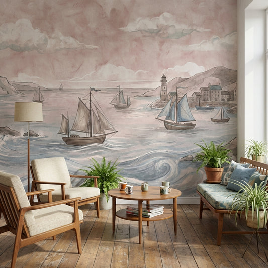 Coastal Sailboats Wallpaper Vintage Lighthouse Wall Mural
