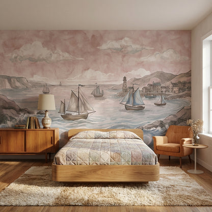Coastal Sailboats Wallpaper Vintage Lighthouse Wall Mural