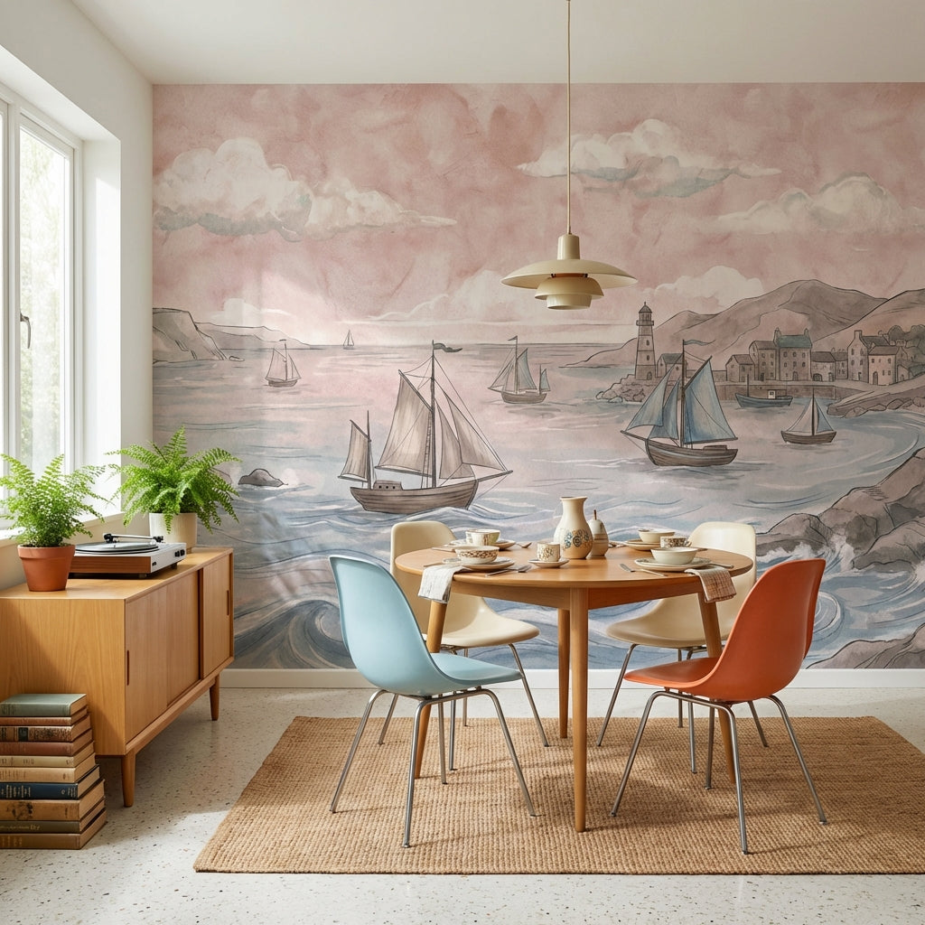 Coastal Sailboats Wallpaper Vintage Lighthouse Wall Mural