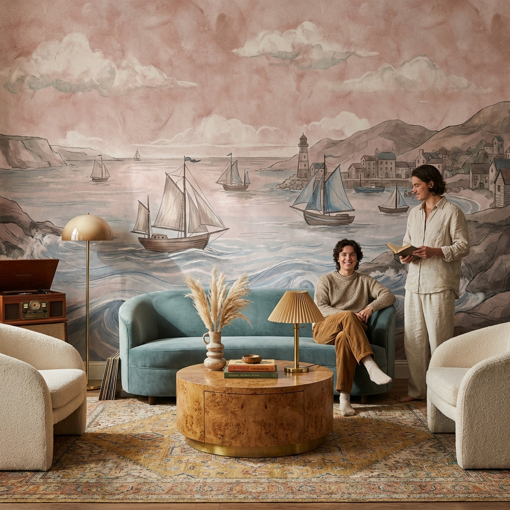 Coastal Sailboats Wallpaper Vintage Lighthouse Wall Mural
