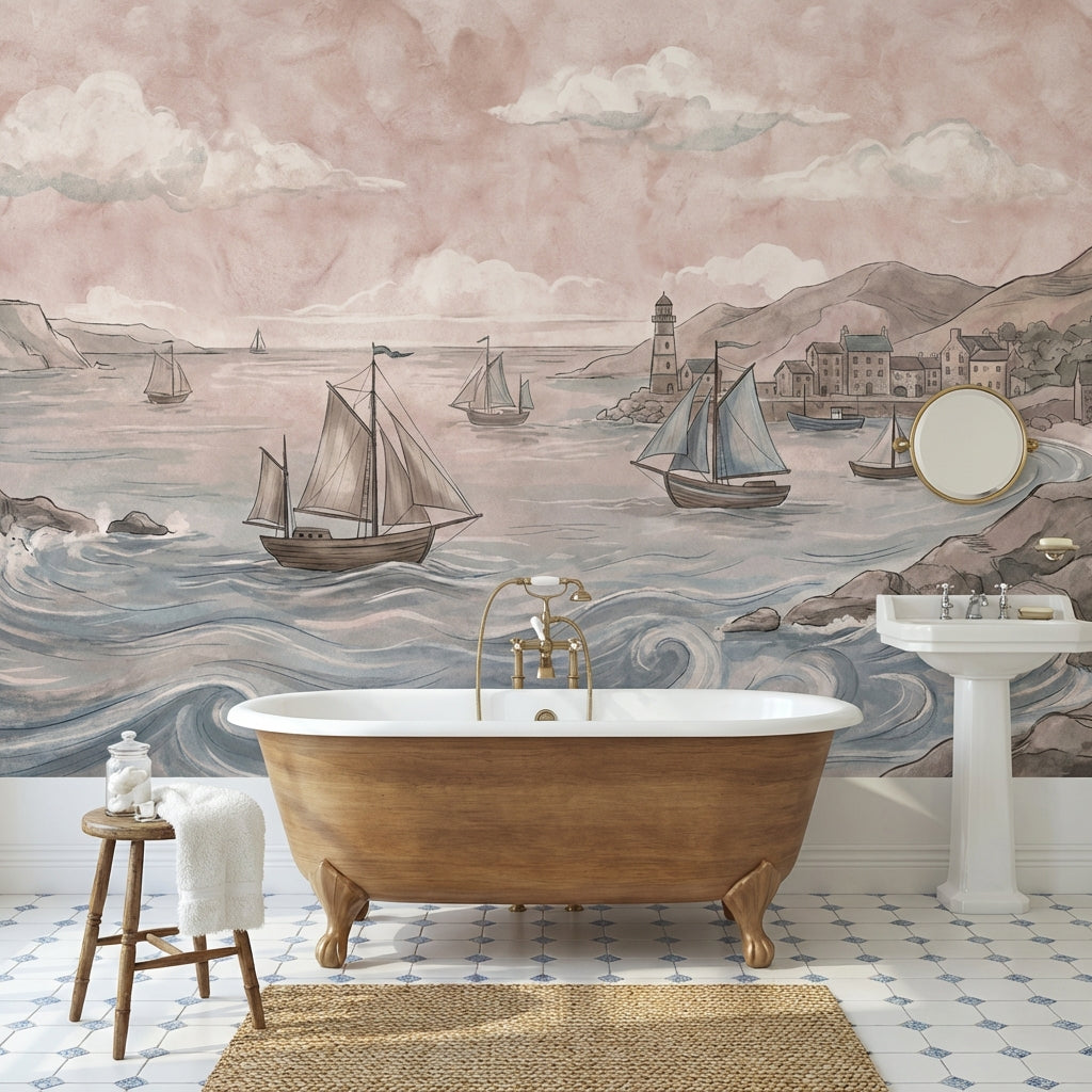 Coastal Sailboats Wallpaper Vintage Lighthouse Wall Mural