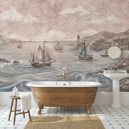 Coastal Sailboats Wallpaper Vintage Lighthouse Wall Mural