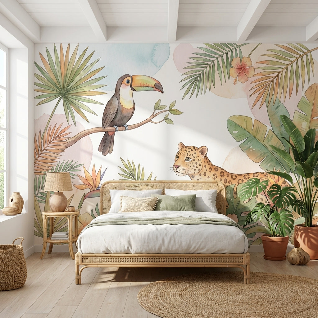 Jungle Toucan Wallpaper Watercolor Leopard Wall Mural