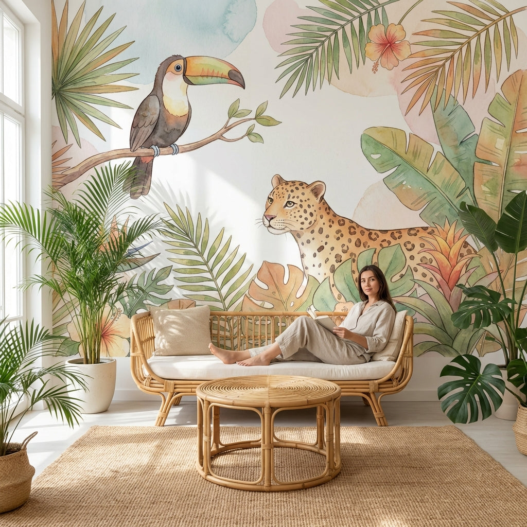 Jungle Toucan Wallpaper Watercolor Leopard Wall Mural