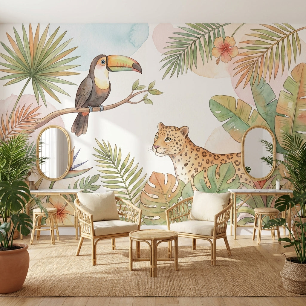 Jungle Toucan Wallpaper Watercolor Leopard Wall Mural