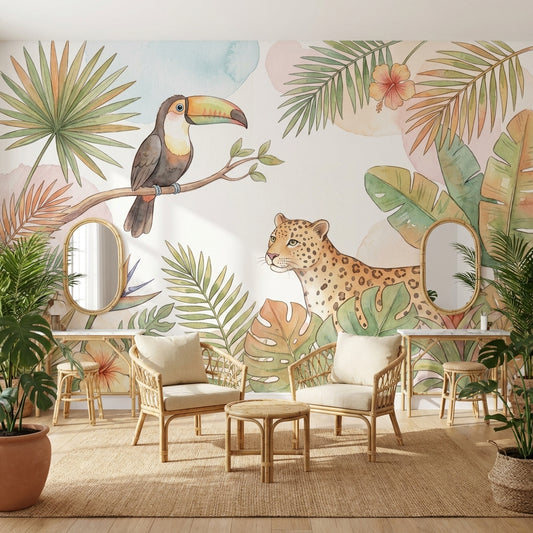 Jungle Toucan Wallpaper Watercolor Leopard Wall Mural