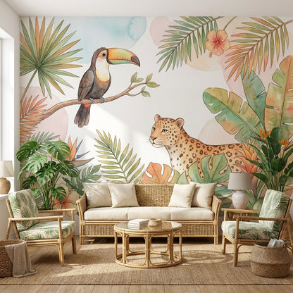 Jungle Toucan Wallpaper Watercolor Leopard Wall Mural