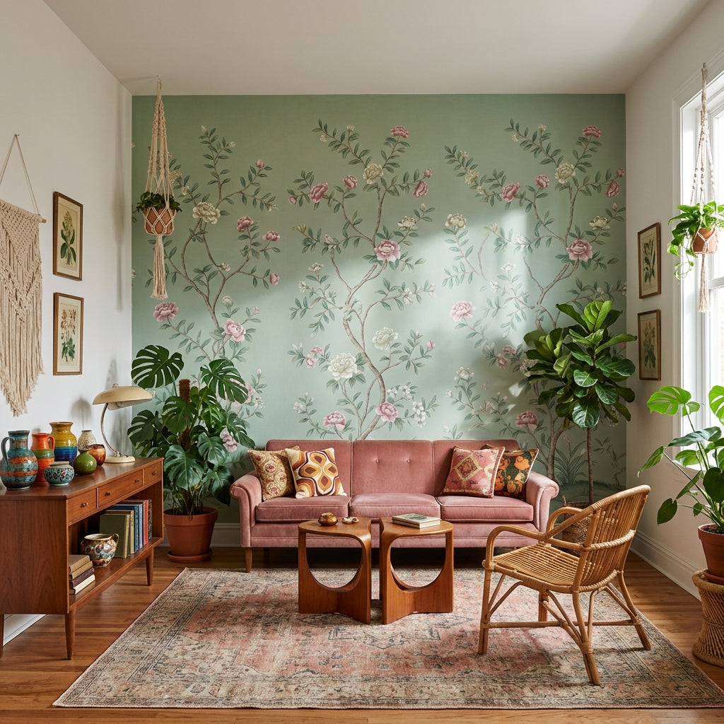 Floral Wallpaper Vintage Green Wall Mural