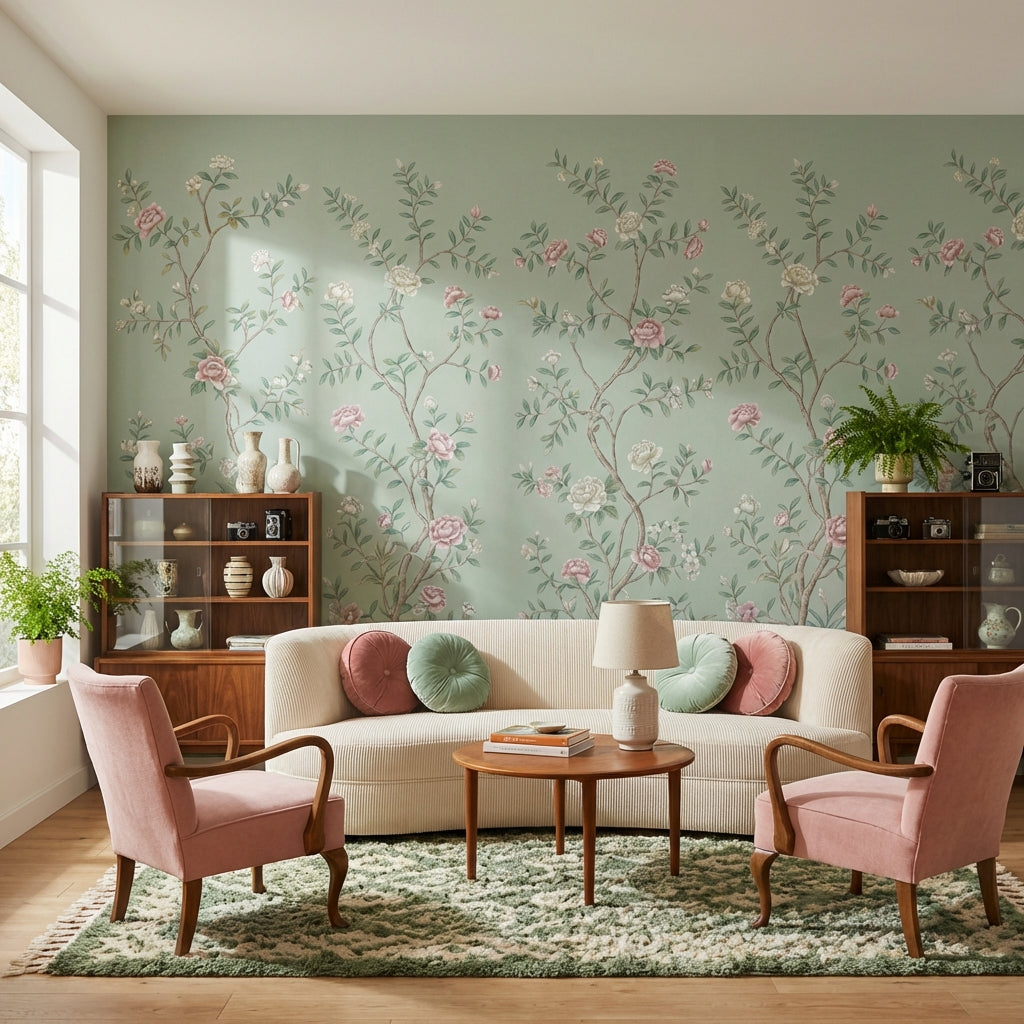 Floral Wallpaper Vintage Green Wall Mural