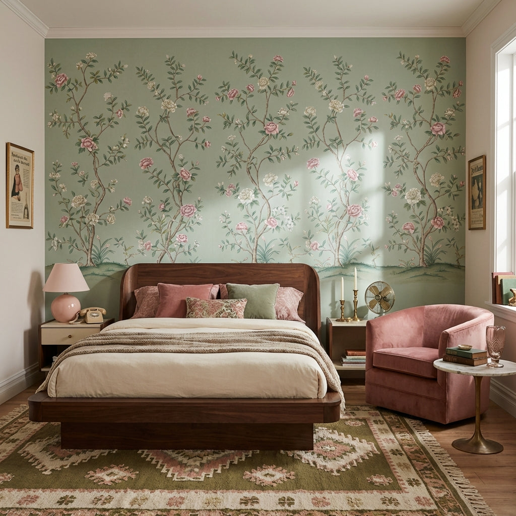 Floral Wallpaper Vintage Green Wall Mural
