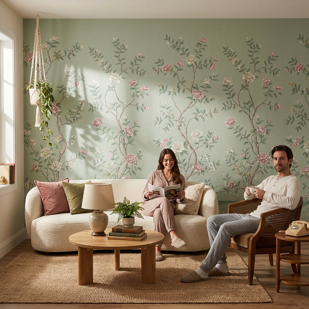 Floral Wallpaper Vintage Green Wall Mural