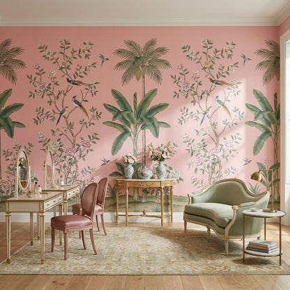 Floral Wallpaper Birds Pink Background Wall Mural