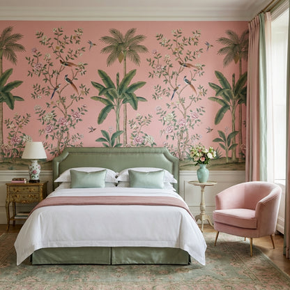 Floral Wallpaper Birds Pink Background Wall Mural