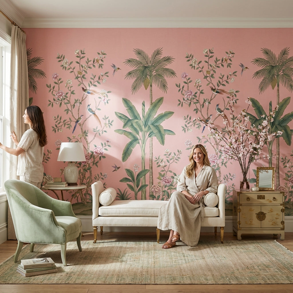 Floral Wallpaper Birds Pink Background Wall Mural