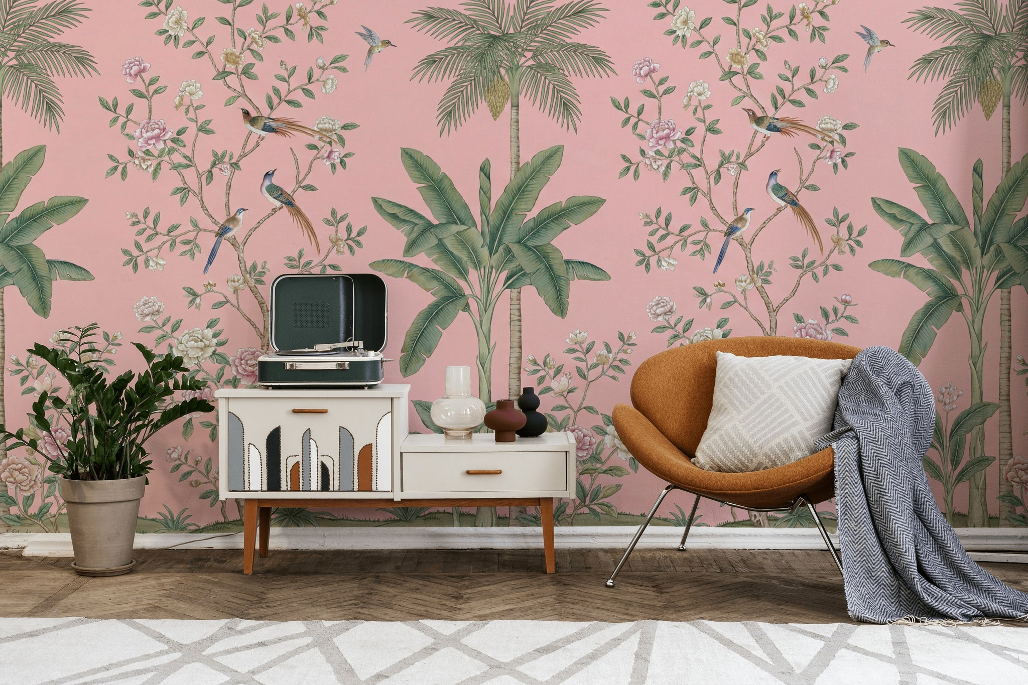 Floral Wallpaper Birds Pink Background Wall Mural