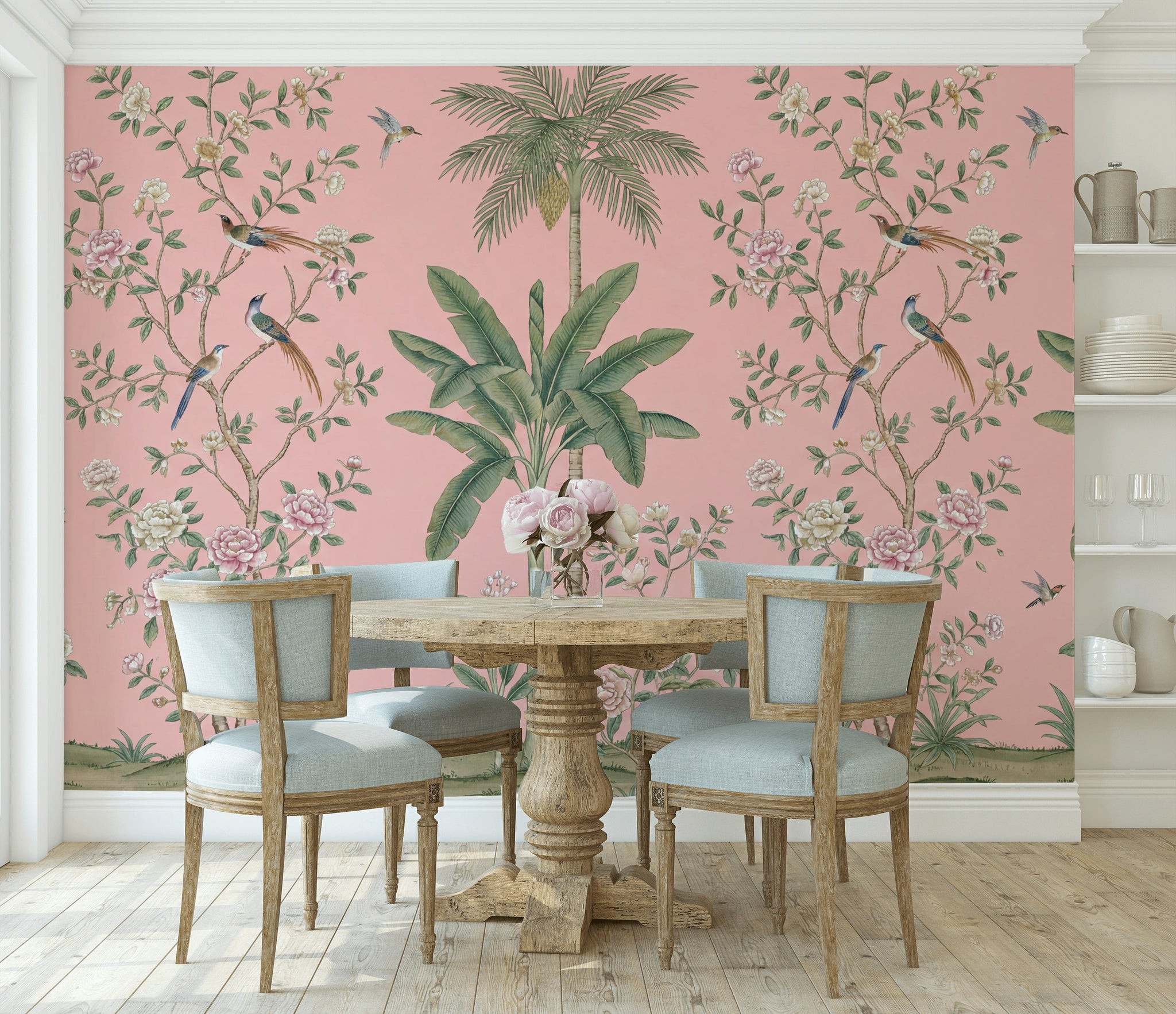 Floral Wallpaper Birds Pink Background Wall Mural