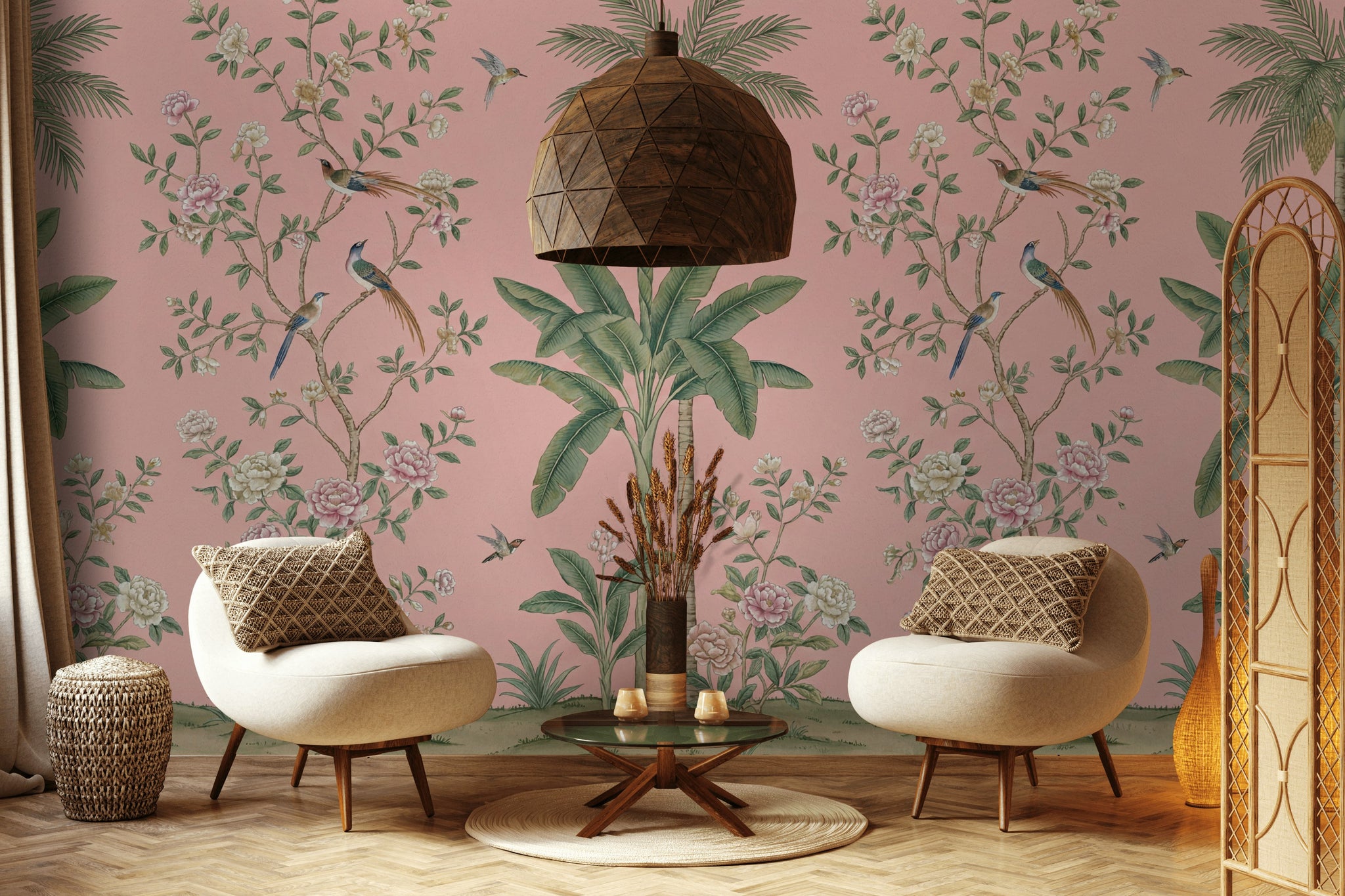 Floral Wallpaper Birds Pink Background Wall Mural