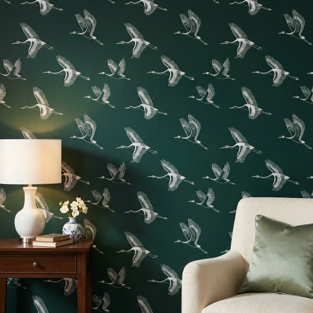 Cranes Wallpaper Dark Green Minimalist Wall Decor