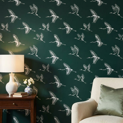 Cranes Wallpaper Dark Green Minimalist Wall Decor