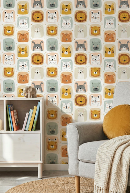 Animals Wallpaper Cartoon Playful Removable Wall Decor