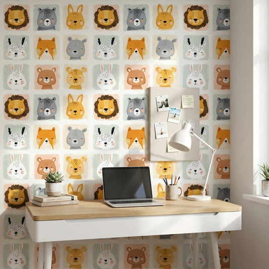 Cartoon Animals Wallpaper Playful Removable Pastel Wall Art