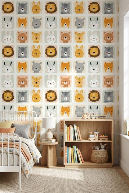 Cartoon Animals Wallpaper Playful Removable Pastel Wall Art