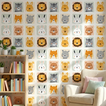 Cartoon Animals Wallpaper Playful Removable Pastel Wall Art