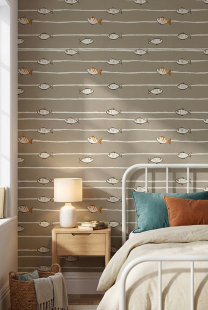 Fish Wallpaper Striped Contemporary Decorative Mural